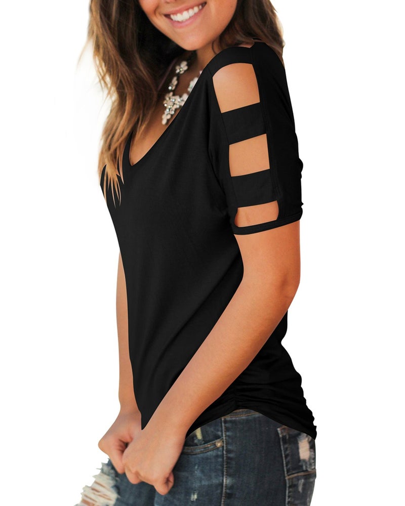 Jescakoo Summer Tops Cut Out Shoulder T Shirts for Women Short Sleeve Blouses Spring Business Casual Outfits Black M - Image 4
